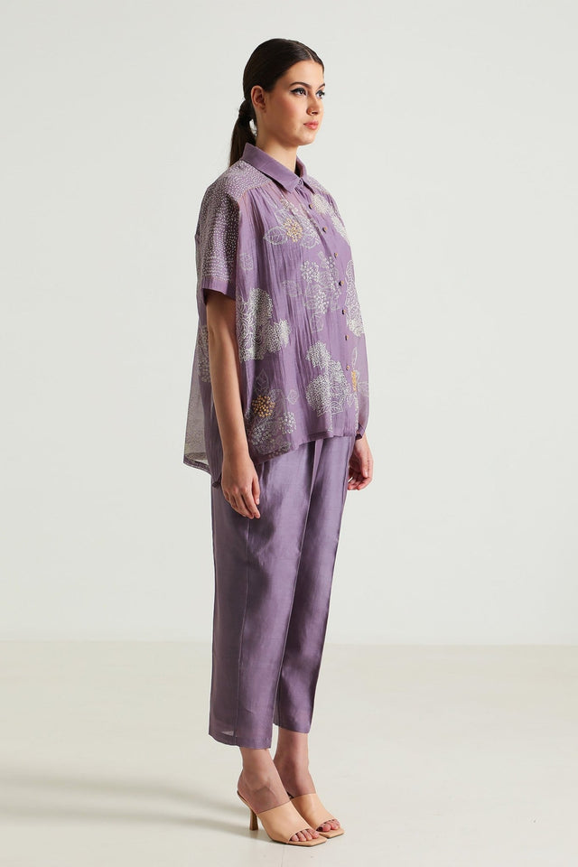 Cotton Chanderi Printed Shirt with Embroidery and Straight Pant in Silk Chanderi - Tunic - Mizyana