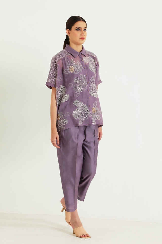 Cotton Chanderi Printed Shirt with Embroidery and Straight Pant in Silk Chanderi - Tunic - Mizyana