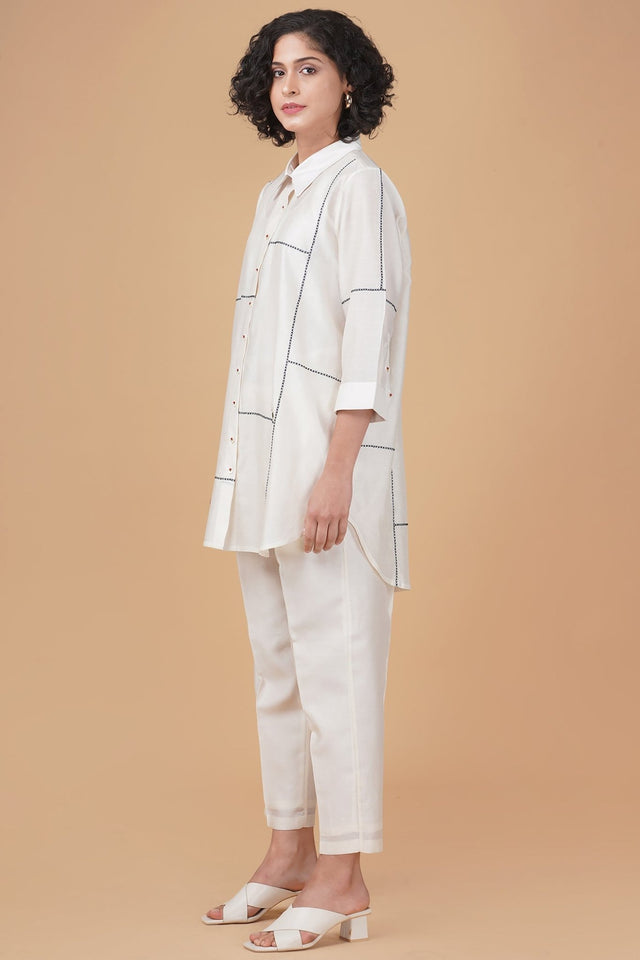 Cross stitch embroidery shirt in silk chanderi and straight pant in silk chanderi - Two-Piece Set - Mizyana