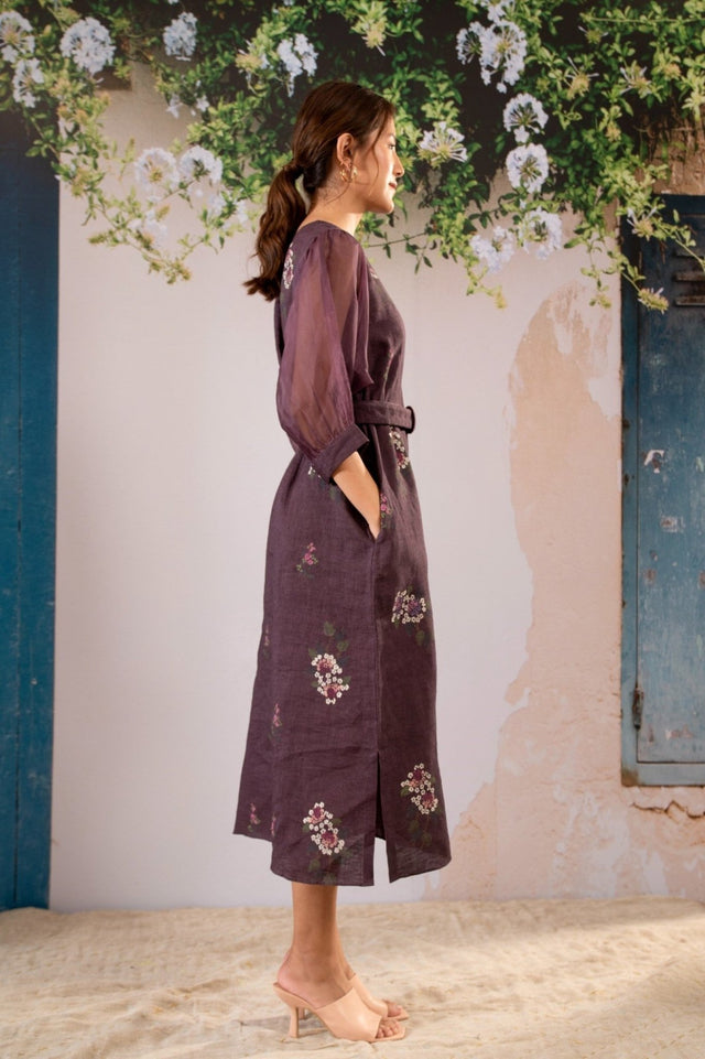 Dahlia Print Dress With Puff Sleeves In Linen - Dress - Mizyana