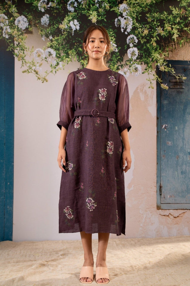Dahlia Print Dress With Puff Sleeves In Linen - Dress - Mizyana