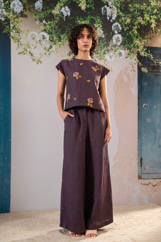 Dahlia Print Embroidered Top And Pant Set In Linen - Dress - Mizyana