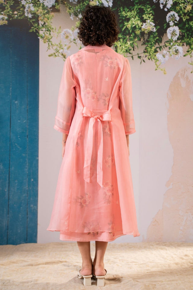 Dahlia Print Gathered Dress And Organza Jacket Set In Chanderi And Organza - Two-Piece Set - Mizyana