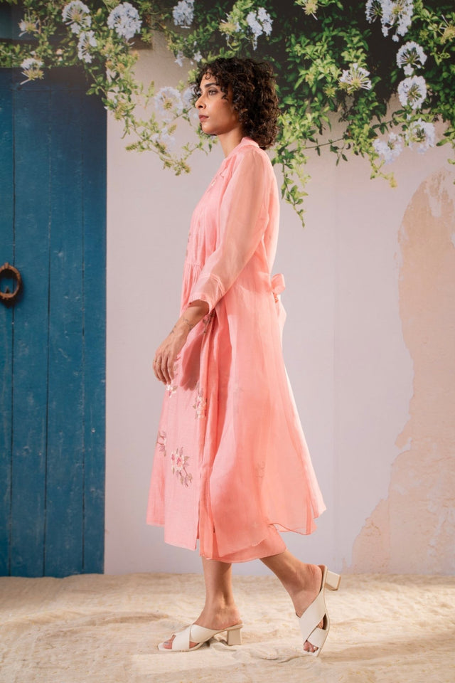Dahlia Print Gathered Dress And Organza Jacket Set In Chanderi And Organza - Two-Piece Set - Mizyana