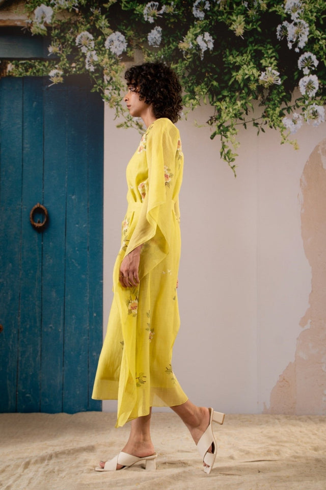 Dahlia Print Long Kaftan In Chanderi - Kaftan - Mizyana
