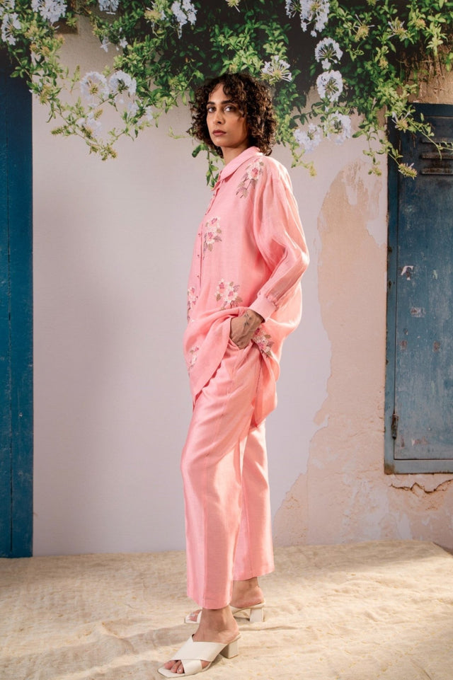 Dahlia Print Shirt And Pant Set In Chanderi - Two-Piece Set - Mizyana