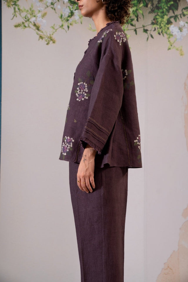 Dahlia Print Shirt And Pant Set In Linen - Two-Piece Set - Mizyana