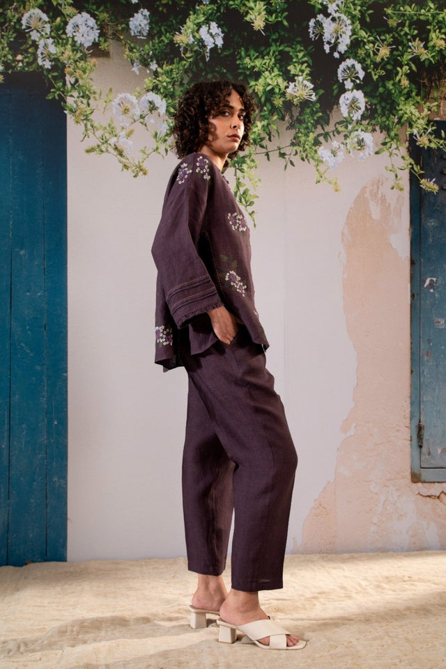 Dahlia Print Shirt And Pant Set In Linen - Two-Piece Set - Mizyana