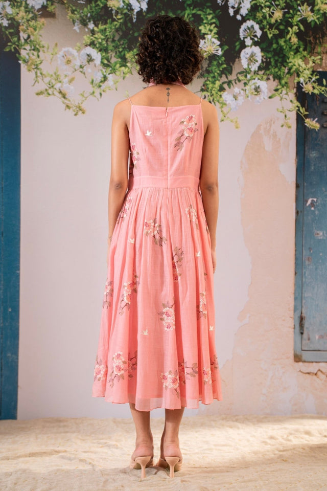 Dahlia Print Strap Dress In Pure Chanderi - Two-Piece Set - Mizyana