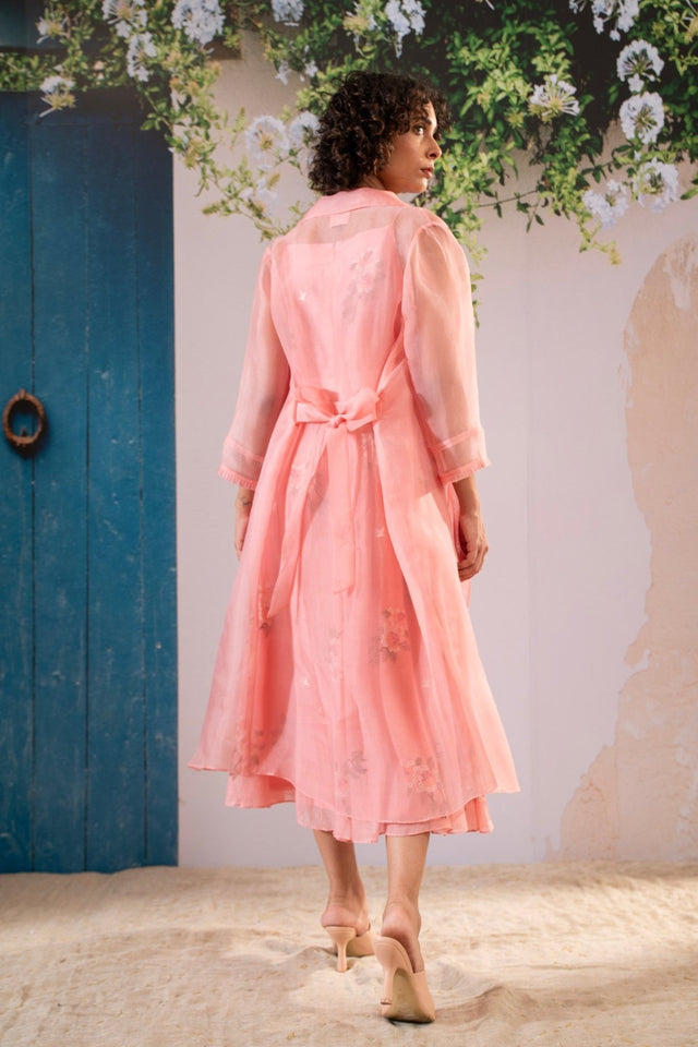 Dahlia Print Strap Dress With Solid Organza Jacket In Organza And Chanderi - Two-Piece Set - Mizyana