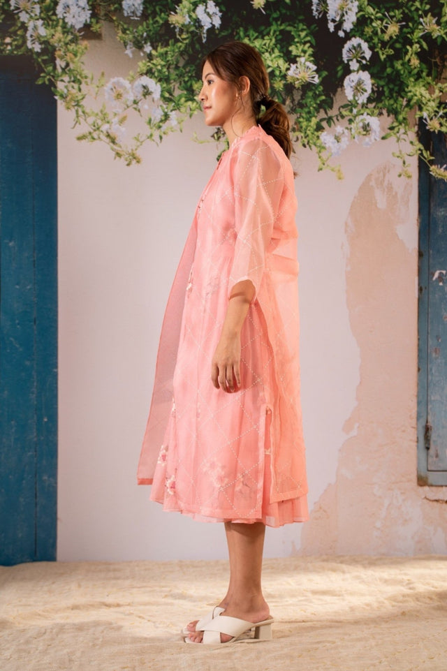Dahlia Print Top Jacket And Skirt Set In Pure Chanderi And Organza - Two-Piece Set - Mizyana