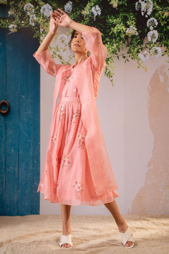 Dahlia Print Top Jacket And Skirt Set In Pure Chanderi And Organza - Two-Piece Set - Mizyana