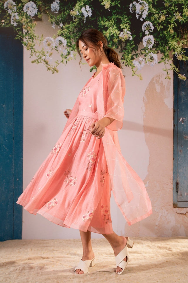 Dahlia Print Top Jacket And Skirt Set In Pure Chanderi And Organza - Two-Piece Set - Mizyana