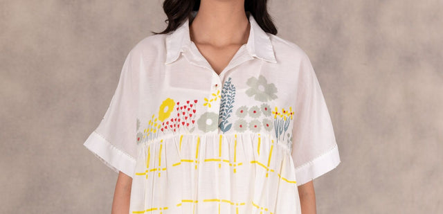 Daisy And Checks Print Top With Handmade Details In Cotton Silk And Linen Pants Set - Two-Piece Set - Mizyana