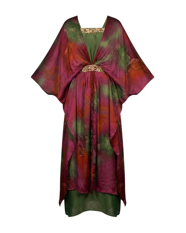 Dania Abstract Print Kaftan and Olive Inner Gown Two-Piece Set - Two-Piece Set - Mizyana