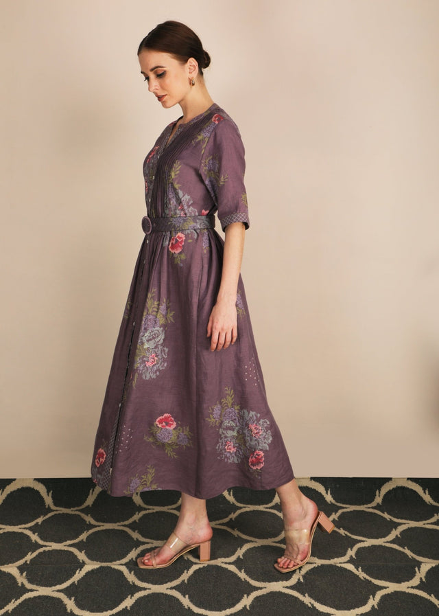 Dessert Rose Print Lavender Dress With Belt - Dress - Mizyana