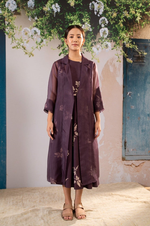 Discharge Print Dress And Organza Jacket Set In Organza And Georgette Moss - Dress - Mizyana