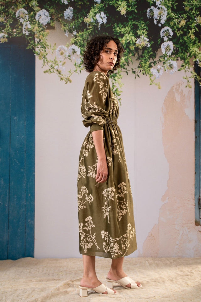 Discharge Print Dress With Elasticated Waist In Chanderi - Dress - Mizyana