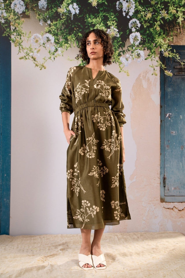 Discharge Print Dress With Elasticated Waist In Chanderi - Dress - Mizyana
