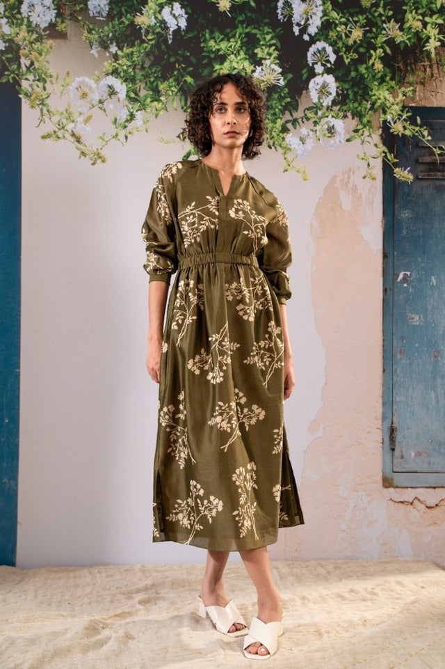 Discharge Print Dress With Elasticated Waist In Chanderi - Dress - Mizyana