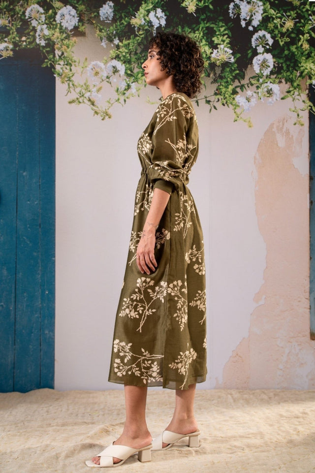 Discharge Print Dress With Elasticated Waist In Chanderi - Dress - Mizyana
