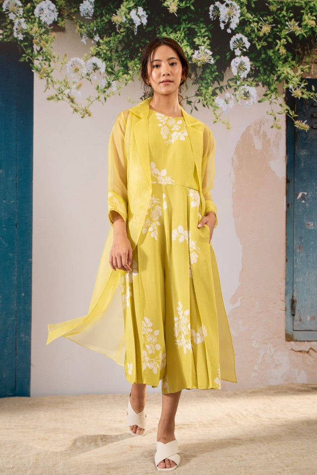 Discharge Print Jumpsuit And Jacket Set In Organza And Georgette Moss - Two-Piece Set - Mizyana