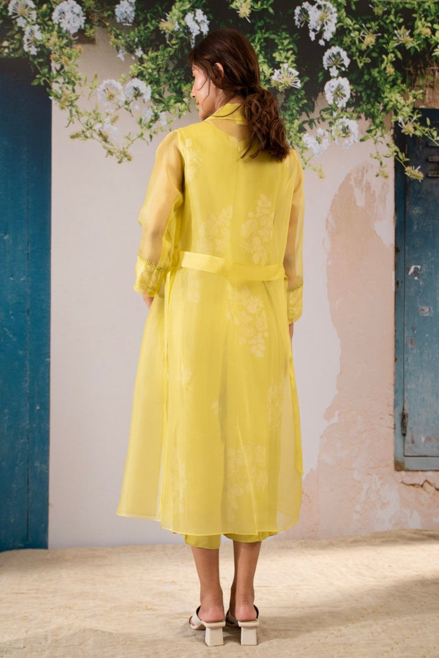 Discharge Print Jumpsuit And Jacket Set In Organza And Georgette Moss - Two-Piece Set - Mizyana