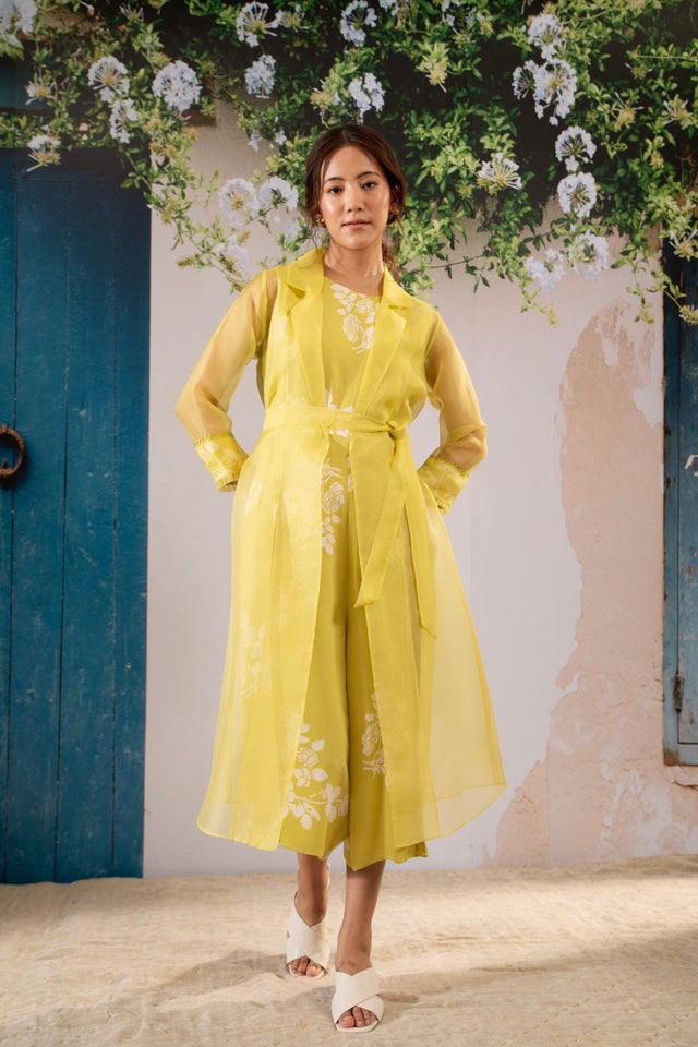 Discharge Print Jumpsuit And Jacket Set In Organza And Georgette Moss - Two-Piece Set - Mizyana
