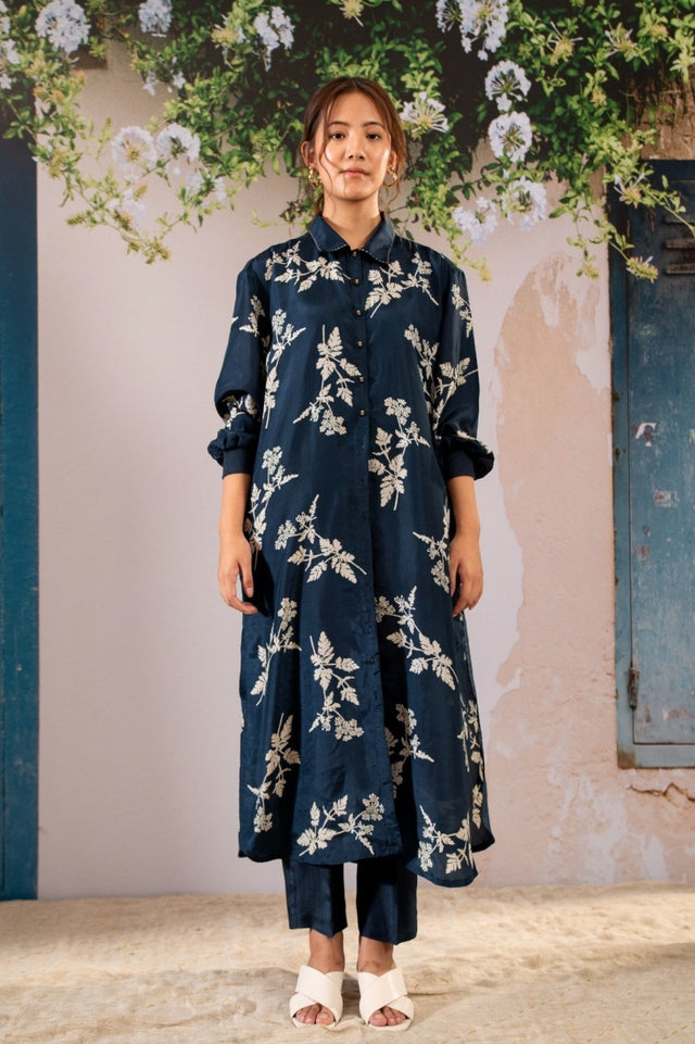 Discharge Print Long Shirt Top And Pant Set In Silk - Two-Piece Set - Mizyana