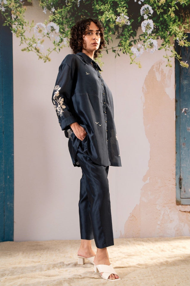 Discharge Print Oversized Shirt And Pant Set In Chanderi - Two-Piece Set - Mizyana