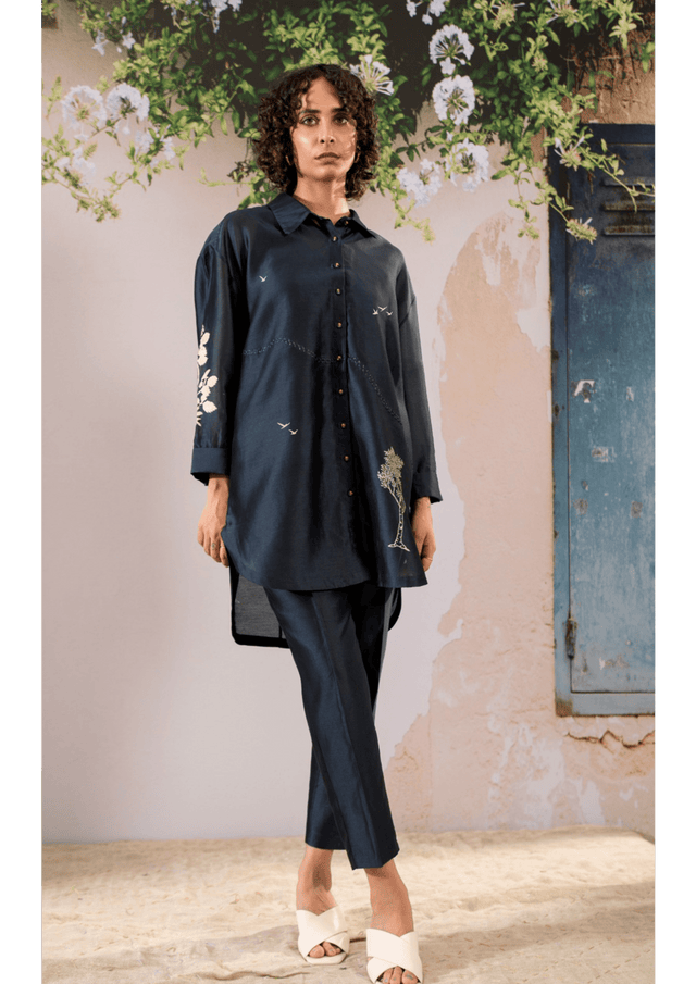 Discharge Print Oversized Shirt And Pant Set In Chanderi - Two-Piece Set - Mizyana