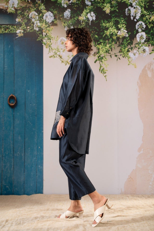 Discharge Print Oversized Shirt And Pant Set In Chanderi - Two-Piece Set - Mizyana