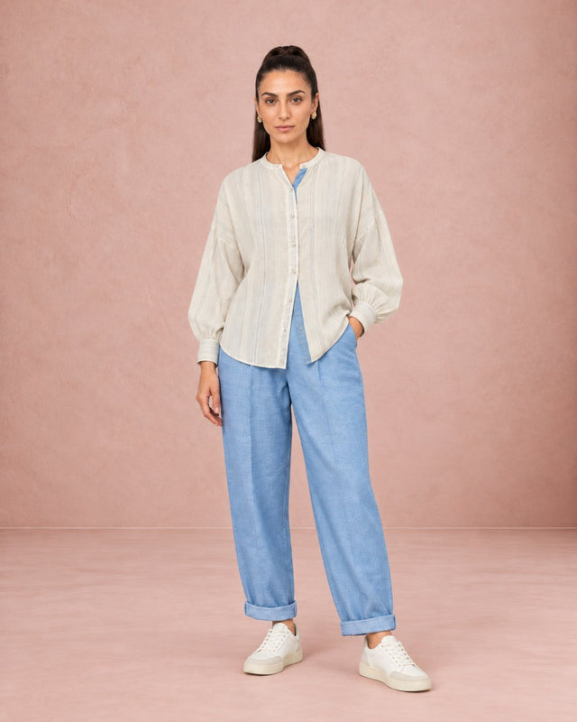 Drift Striped Shirt and Cerulean Carrot-Fit Trousers Two-Piece Set - Two-Piece Set - Mizyana