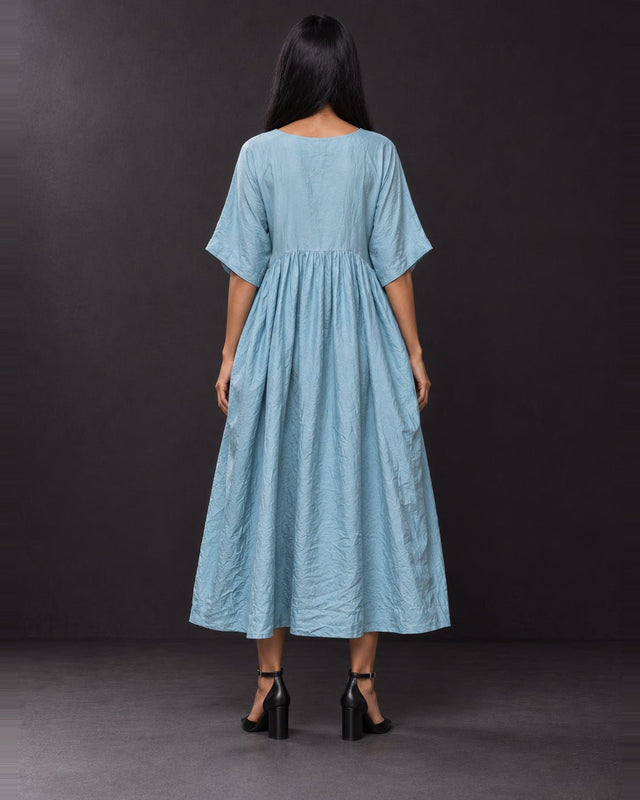 Dusty Blue Handwoven Mulberry Silk Dress with Pockets - Dress - Mizyana