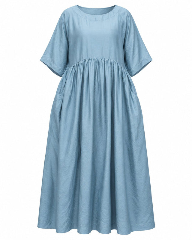 Dusty Blue Handwoven Mulberry Silk Dress with Pockets - Dress - Mizyana