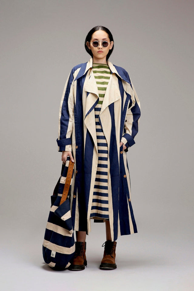 Egg-Shell Blue & Green Dual Stripe Dress Jacket Set (2 PCS) - Dress - Mizyana