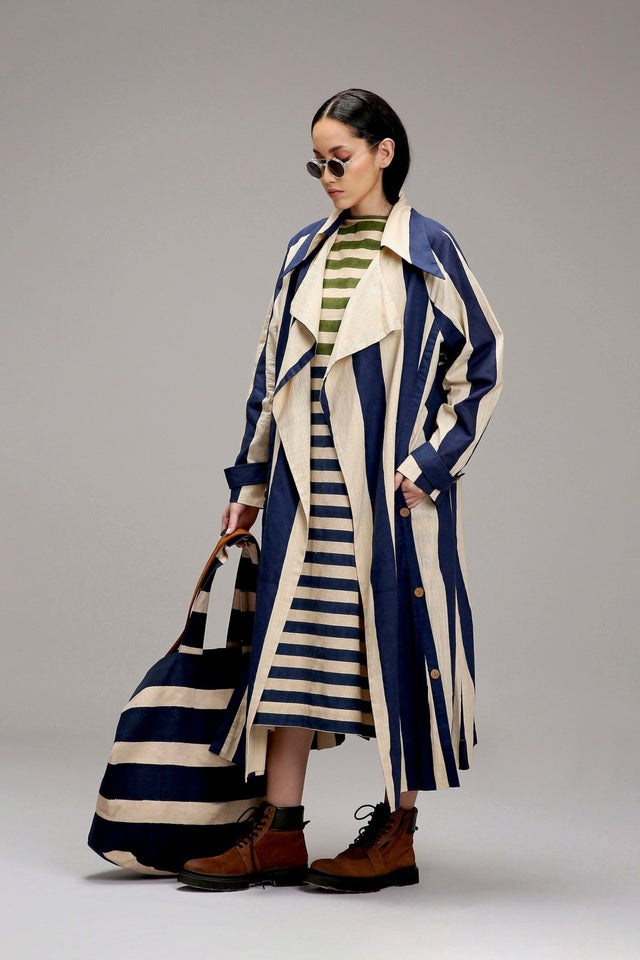 Egg-Shell Blue & Green Dual Stripe Dress Jacket Set (2 PCS) - Dress - Mizyana