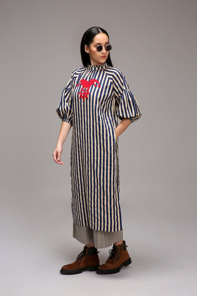 Egg-Shell Blue Striped Big Joker Tunic Co-Ord Set (2 PCS) - Co-ord Set - Mizyana