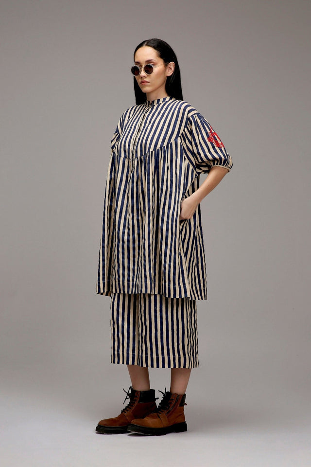 Egg-Shell Blue Striped Capre Pants - Trousers - Mizyana