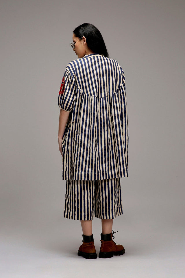 Egg-Shell Blue Striped Capre Pants - Trousers - Mizyana