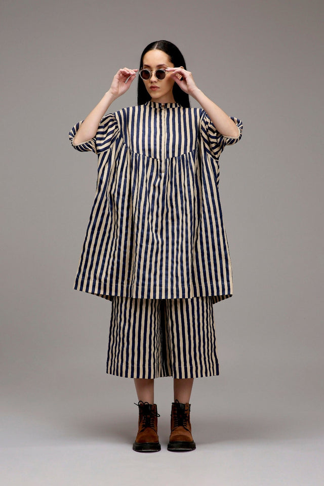 Egg-Shell Blue Striped Capre Pants - Trousers - Mizyana
