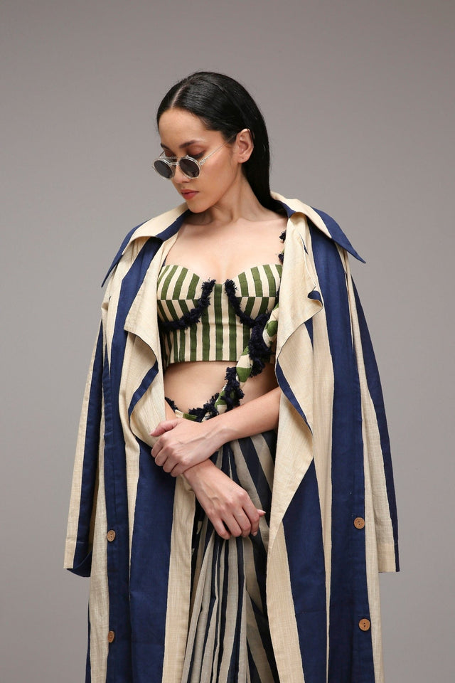Egg-Shell Corset with Trench & Dual Striped Saree Set (3 PCS) - Three-Piece Set - Mizyana