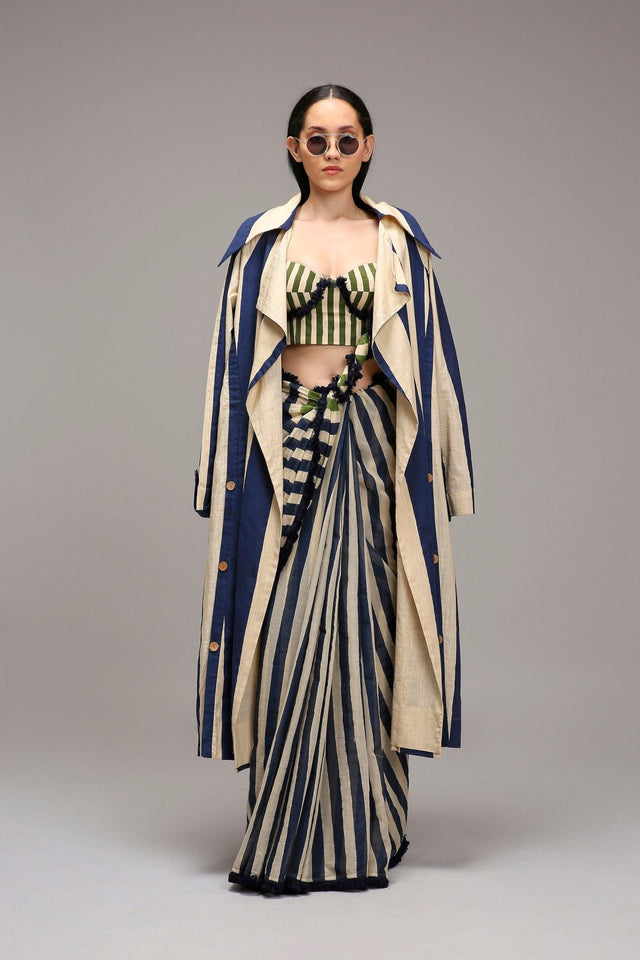 Egg-Shell Corset with Trench & Dual Striped Saree Set (3 PCS) - Three-Piece Set - Mizyana