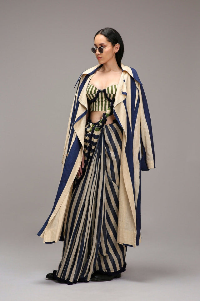 Egg-Shell Corset with Trench & Dual Striped Saree Set (3 PCS) - Three-Piece Set - Mizyana