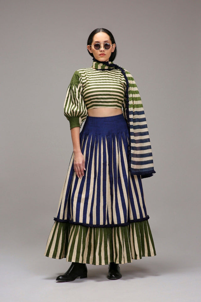 Egg-Shell Crop Top Dual Striped Stole Skirt Set (3 PCS) - Three-Piece Set - Mizyana