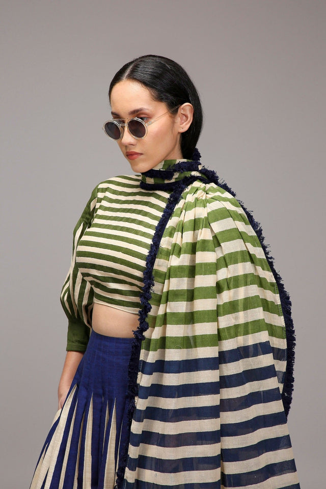 Egg-Shell Crop Top Dual Striped Stole Skirt Set (3 PCS) - Three-Piece Set - Mizyana