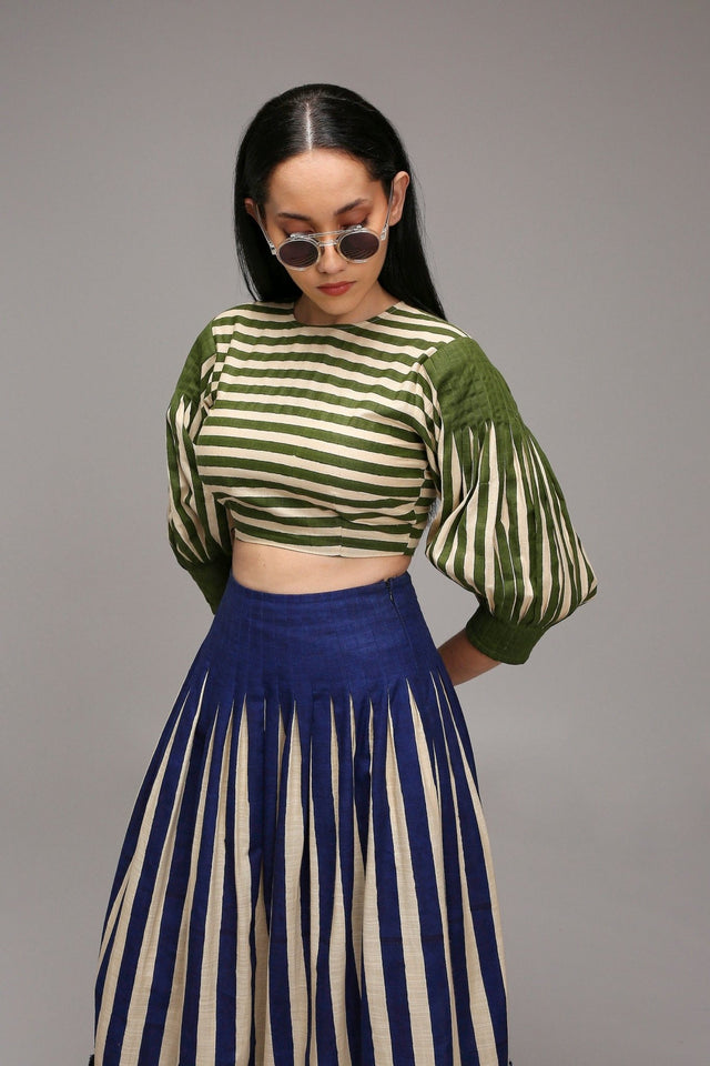 Egg-Shell Crop Top Dual Striped Stole Skirt Set (3 PCS) - Three-Piece Set - Mizyana