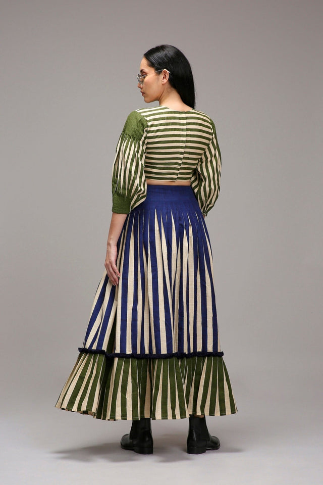 Egg-Shell Crop Top Dual Striped Stole Skirt Set (3 PCS) - Three-Piece Set - Mizyana