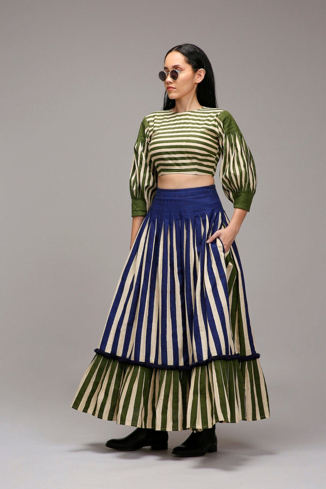 Egg-Shell Crop Top Dual Striped Stole Skirt Set (3 PCS) - Three-Piece Set - Mizyana