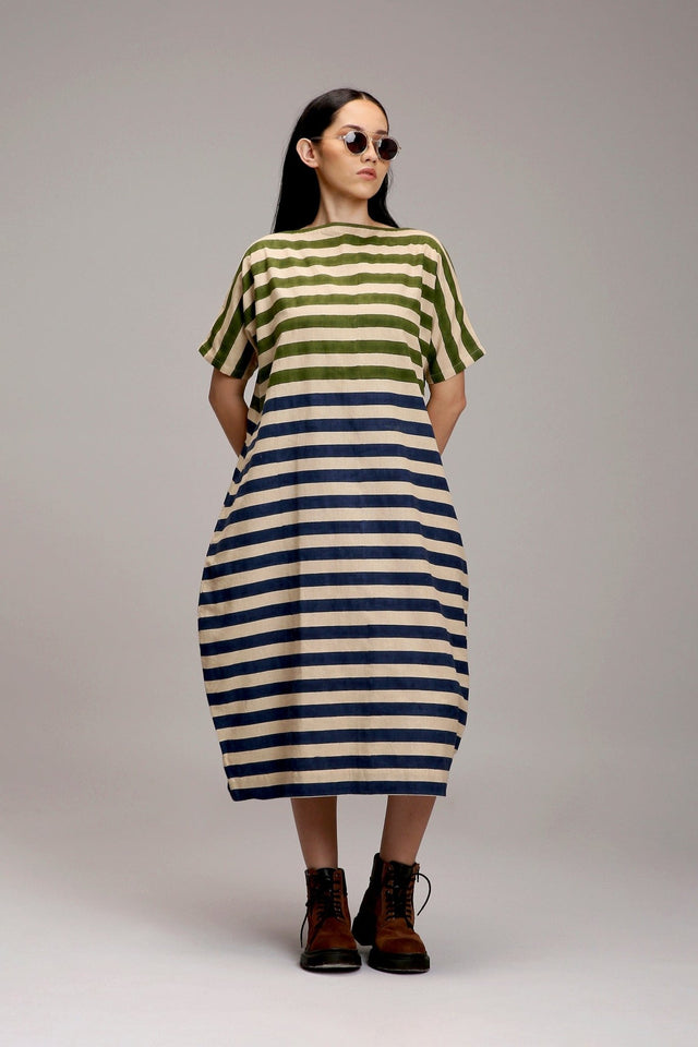 Egg-Shell Green & Blue Dual Striped Dress - Dress - Mizyana